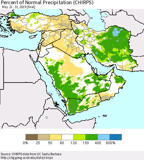 Middle East and Turkey Percent of Normal Precipitation (CHIRPS) Thematic Map For 5/21/2019 - 5/31/2019