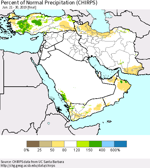 Middle East and Turkey Percent of Normal Precipitation (CHIRPS) Thematic Map For 6/21/2019 - 6/30/2019