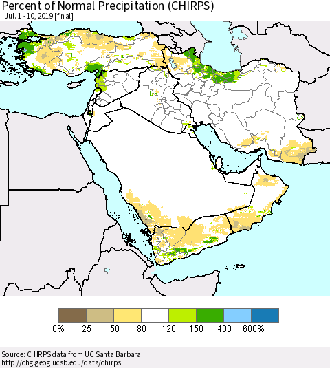 Middle East and Turkey Percent of Normal Precipitation (CHIRPS) Thematic Map For 7/1/2019 - 7/10/2019