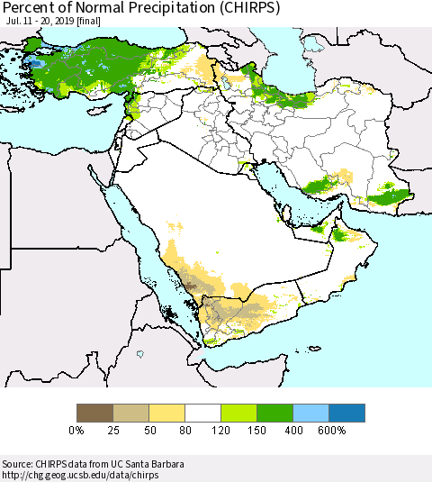 Middle East and Turkey Percent of Normal Precipitation (CHIRPS) Thematic Map For 7/11/2019 - 7/20/2019