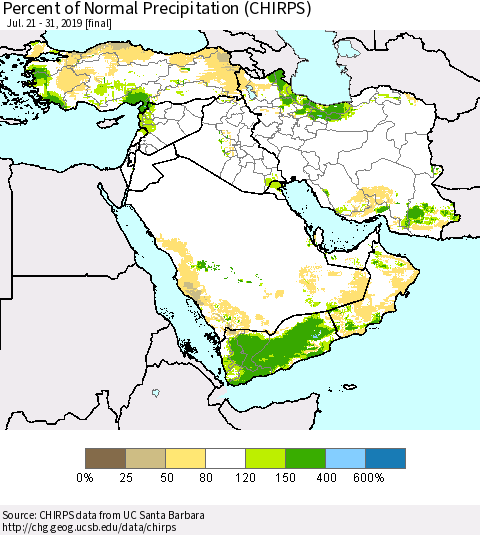 Middle East and Turkey Percent of Normal Precipitation (CHIRPS) Thematic Map For 7/21/2019 - 7/31/2019