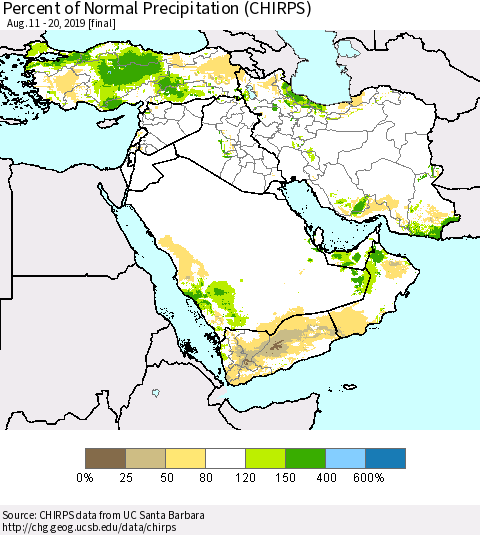 Middle East and Turkey Percent of Normal Precipitation (CHIRPS) Thematic Map For 8/11/2019 - 8/20/2019