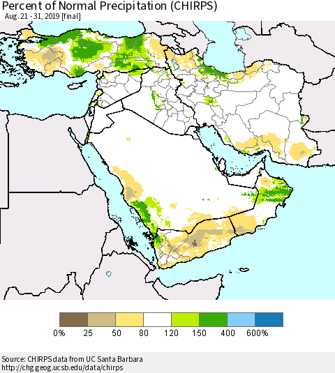 Middle East and Turkey Percent of Normal Precipitation (CHIRPS) Thematic Map For 8/21/2019 - 8/31/2019