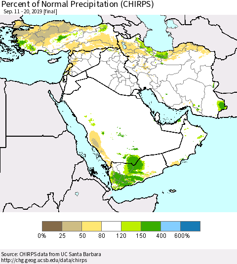 Middle East and Turkey Percent of Normal Precipitation (CHIRPS) Thematic Map For 9/11/2019 - 9/20/2019