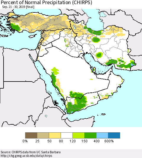 Middle East and Turkey Percent of Normal Precipitation (CHIRPS) Thematic Map For 9/21/2019 - 9/30/2019