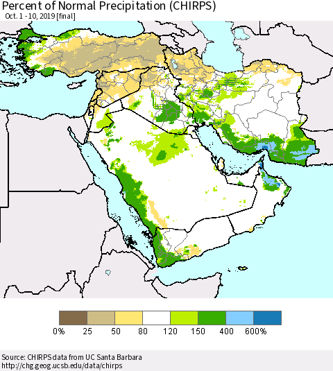 Middle East and Turkey Percent of Normal Precipitation (CHIRPS) Thematic Map For 10/1/2019 - 10/10/2019