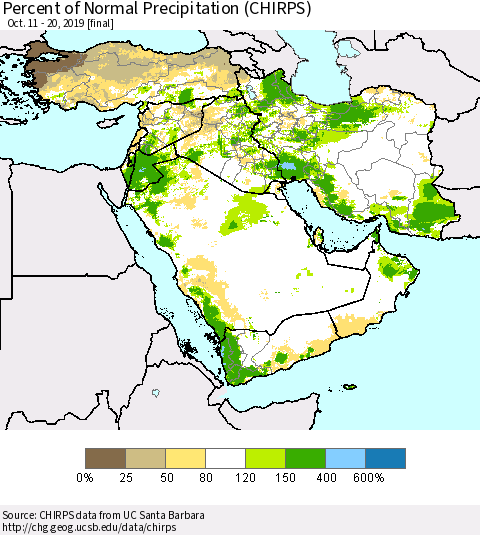 Middle East and Turkey Percent of Normal Precipitation (CHIRPS) Thematic Map For 10/11/2019 - 10/20/2019