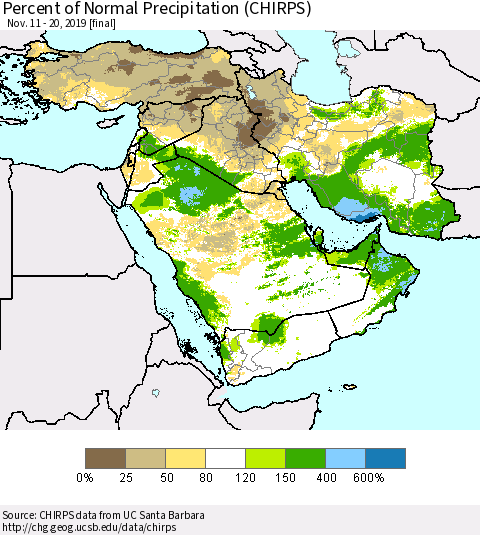 Middle East and Turkey Percent of Normal Precipitation (CHIRPS) Thematic Map For 11/11/2019 - 11/20/2019