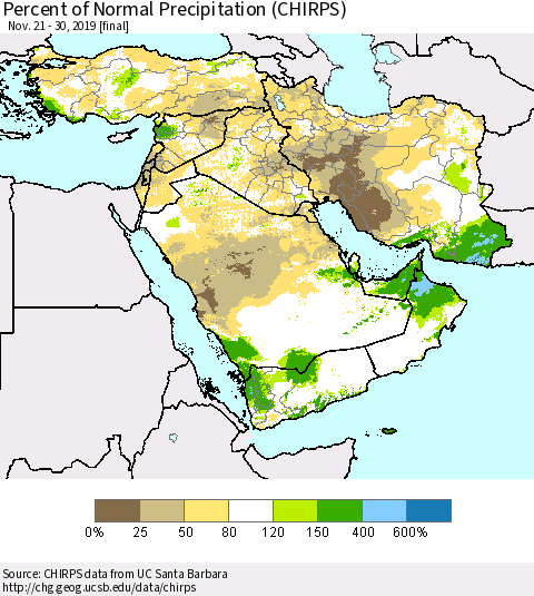 Middle East and Turkey Percent of Normal Precipitation (CHIRPS) Thematic Map For 11/21/2019 - 11/30/2019
