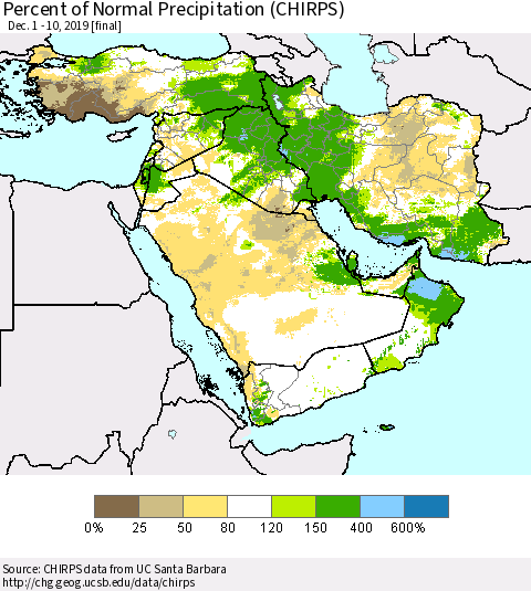 Middle East and Turkey Percent of Normal Precipitation (CHIRPS) Thematic Map For 12/1/2019 - 12/10/2019