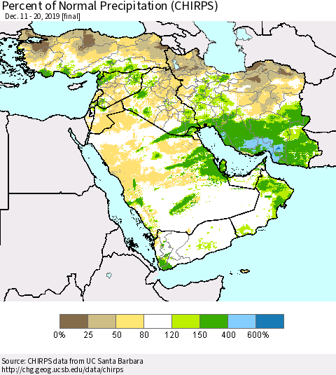 Middle East and Turkey Percent of Normal Precipitation (CHIRPS) Thematic Map For 12/11/2019 - 12/20/2019