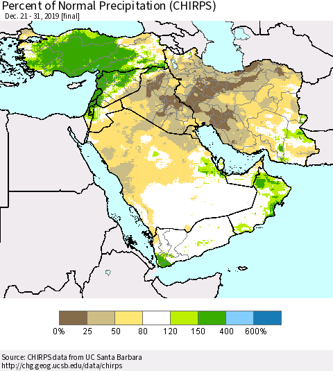 Middle East and Turkey Percent of Normal Precipitation (CHIRPS) Thematic Map For 12/21/2019 - 12/31/2019