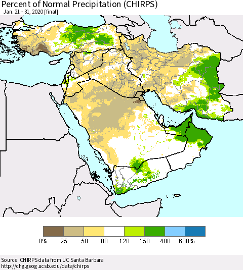 Middle East and Turkey Percent of Normal Precipitation (CHIRPS) Thematic Map For 1/21/2020 - 1/31/2020