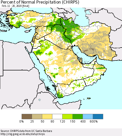 Middle East and Turkey Percent of Normal Precipitation (CHIRPS) Thematic Map For 2/11/2020 - 2/20/2020