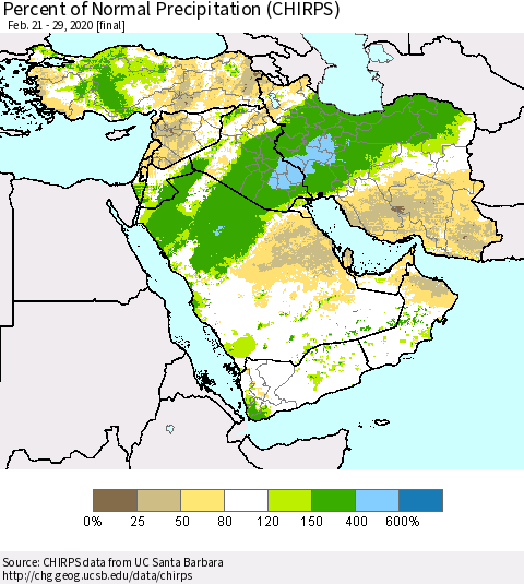 Middle East and Turkey Percent of Normal Precipitation (CHIRPS) Thematic Map For 2/21/2020 - 2/29/2020