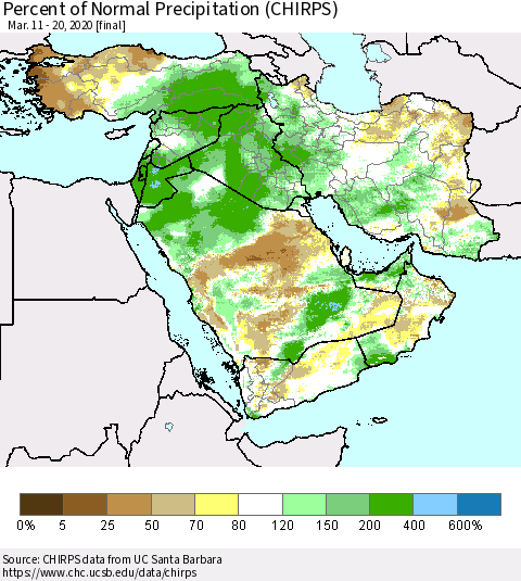 Middle East and Turkey Percent of Normal Precipitation (CHIRPS) Thematic Map For 3/11/2020 - 3/20/2020
