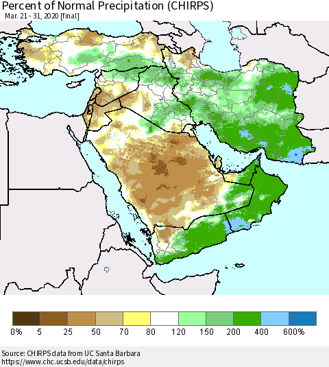 Middle East and Turkey Percent of Normal Precipitation (CHIRPS) Thematic Map For 3/21/2020 - 3/31/2020