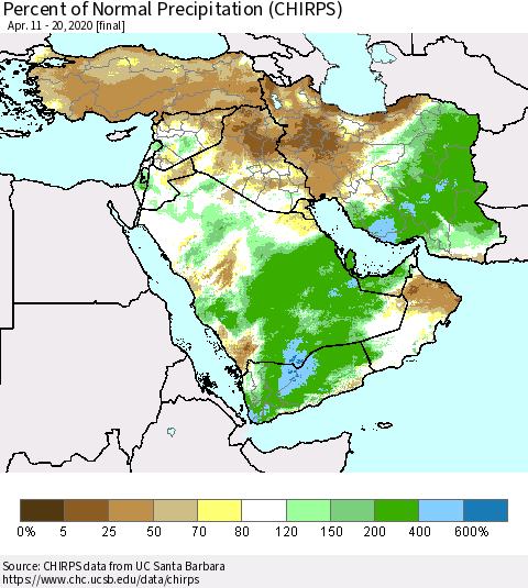 Middle East and Turkey Percent of Normal Precipitation (CHIRPS) Thematic Map For 4/11/2020 - 4/20/2020