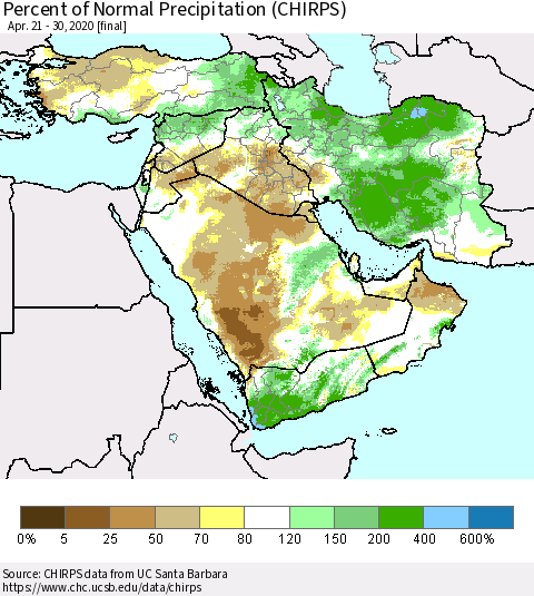 Middle East and Turkey Percent of Normal Precipitation (CHIRPS) Thematic Map For 4/21/2020 - 4/30/2020