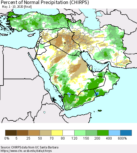 Middle East and Turkey Percent of Normal Precipitation (CHIRPS) Thematic Map For 5/1/2020 - 5/10/2020