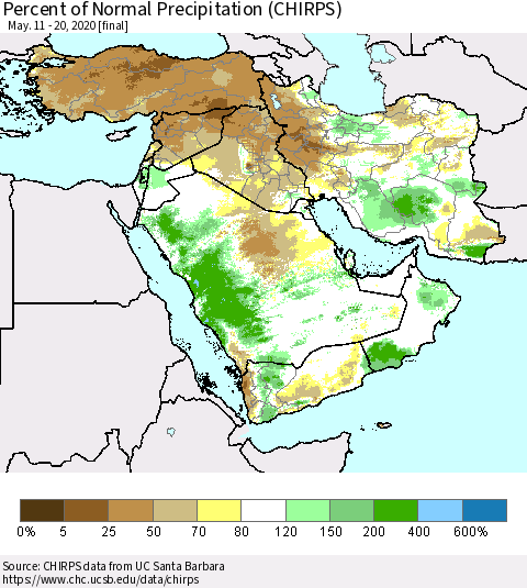 Middle East and Turkey Percent of Normal Precipitation (CHIRPS) Thematic Map For 5/11/2020 - 5/20/2020