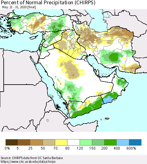 Middle East and Turkey Percent of Normal Precipitation (CHIRPS) Thematic Map For 5/21/2020 - 5/31/2020