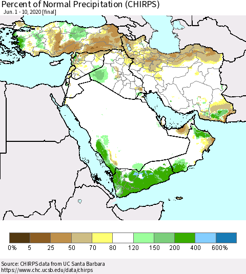 Middle East and Turkey Percent of Normal Precipitation (CHIRPS) Thematic Map For 6/1/2020 - 6/10/2020