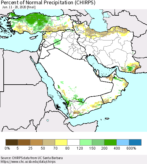Middle East and Turkey Percent of Normal Precipitation (CHIRPS) Thematic Map For 6/11/2020 - 6/20/2020