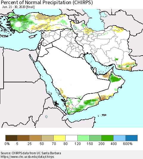 Middle East and Turkey Percent of Normal Precipitation (CHIRPS) Thematic Map For 6/21/2020 - 6/30/2020