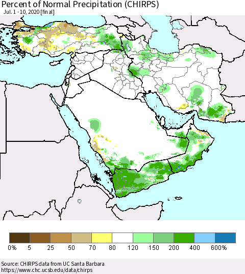 Middle East and Turkey Percent of Normal Precipitation (CHIRPS) Thematic Map For 7/1/2020 - 7/10/2020