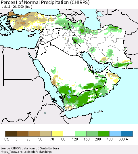 Middle East and Turkey Percent of Normal Precipitation (CHIRPS) Thematic Map For 7/11/2020 - 7/20/2020