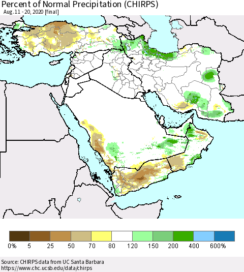 Middle East and Turkey Percent of Normal Precipitation (CHIRPS) Thematic Map For 8/11/2020 - 8/20/2020