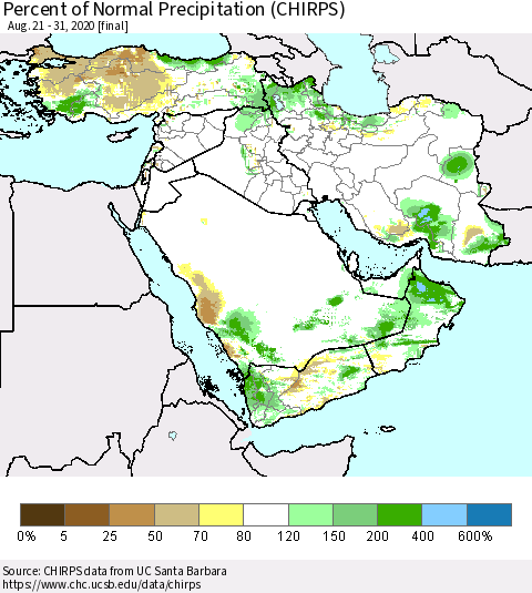 Middle East and Turkey Percent of Normal Precipitation (CHIRPS) Thematic Map For 8/21/2020 - 8/31/2020