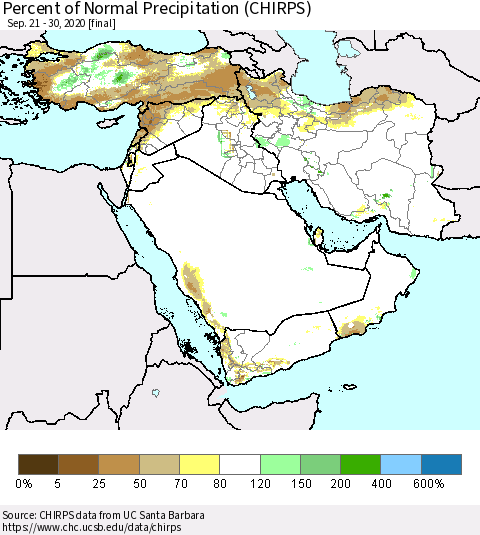 Middle East and Turkey Percent of Normal Precipitation (CHIRPS) Thematic Map For 9/21/2020 - 9/30/2020