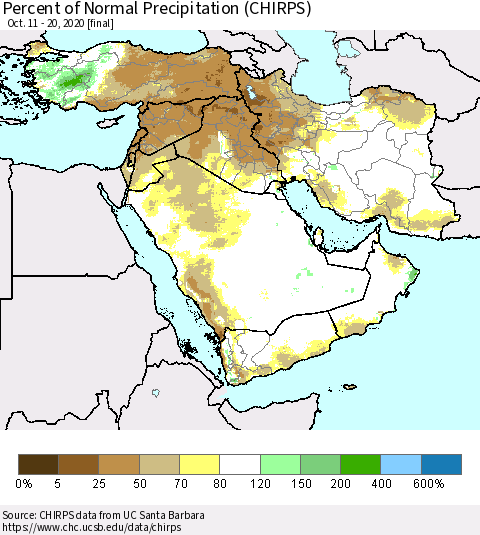 Middle East and Turkey Percent of Normal Precipitation (CHIRPS) Thematic Map For 10/11/2020 - 10/20/2020