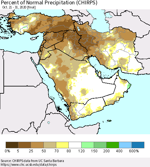 Middle East and Turkey Percent of Normal Precipitation (CHIRPS) Thematic Map For 10/21/2020 - 10/31/2020