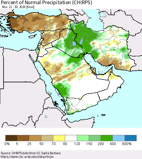 Middle East and Turkey Percent of Normal Precipitation (CHIRPS) Thematic Map For 11/21/2020 - 11/30/2020