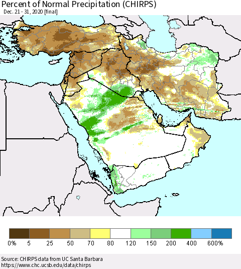 Middle East and Turkey Percent of Normal Precipitation (CHIRPS) Thematic Map For 12/21/2020 - 12/31/2020