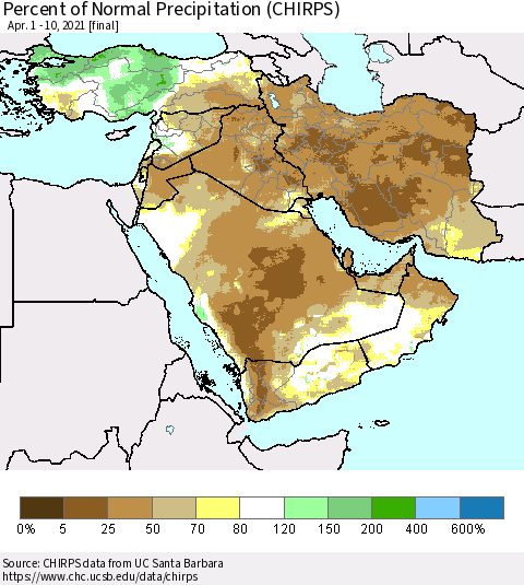 Middle East and Turkey Percent of Normal Precipitation (CHIRPS) Thematic Map For 4/1/2021 - 4/10/2021