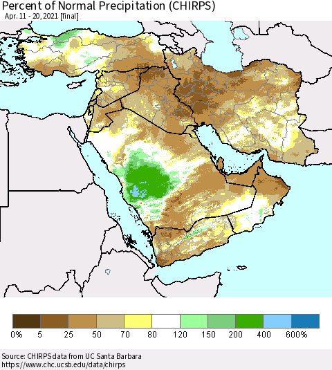 Middle East and Turkey Percent of Normal Precipitation (CHIRPS) Thematic Map For 4/11/2021 - 4/20/2021