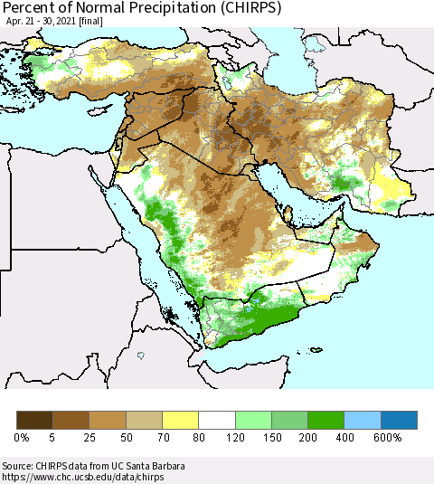 Middle East and Turkey Percent of Normal Precipitation (CHIRPS) Thematic Map For 4/21/2021 - 4/30/2021
