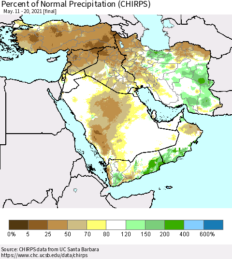 Middle East and Turkey Percent of Normal Precipitation (CHIRPS) Thematic Map For 5/11/2021 - 5/20/2021
