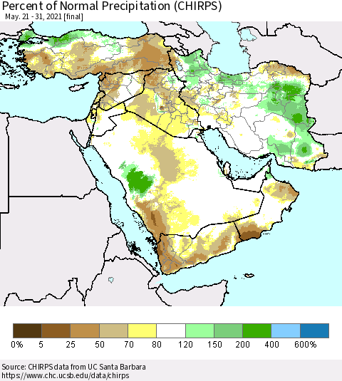 Middle East and Turkey Percent of Normal Precipitation (CHIRPS) Thematic Map For 5/21/2021 - 5/31/2021