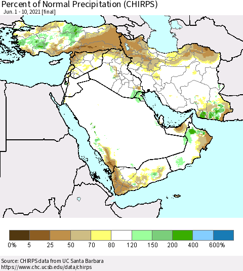 Middle East and Turkey Percent of Normal Precipitation (CHIRPS) Thematic Map For 6/1/2021 - 6/10/2021