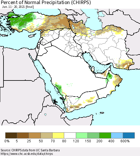 Middle East and Turkey Percent of Normal Precipitation (CHIRPS) Thematic Map For 6/11/2021 - 6/20/2021