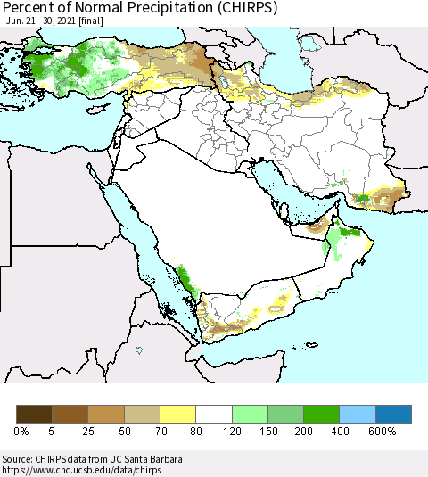 Middle East and Turkey Percent of Normal Precipitation (CHIRPS) Thematic Map For 6/21/2021 - 6/30/2021