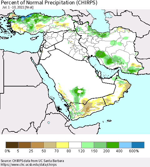 Middle East and Turkey Percent of Normal Precipitation (CHIRPS) Thematic Map For 7/1/2021 - 7/10/2021
