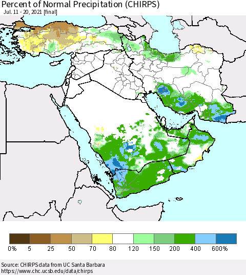 Middle East and Turkey Percent of Normal Precipitation (CHIRPS) Thematic Map For 7/11/2021 - 7/20/2021