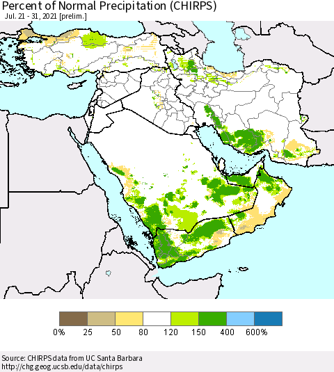 Middle East and Turkey Percent of Normal Precipitation (CHIRPS) Thematic Map For 7/21/2021 - 7/31/2021