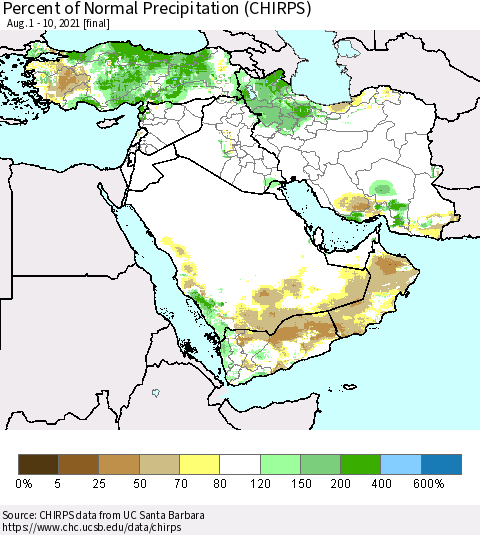 Middle East and Turkey Percent of Normal Precipitation (CHIRPS) Thematic Map For 8/1/2021 - 8/10/2021